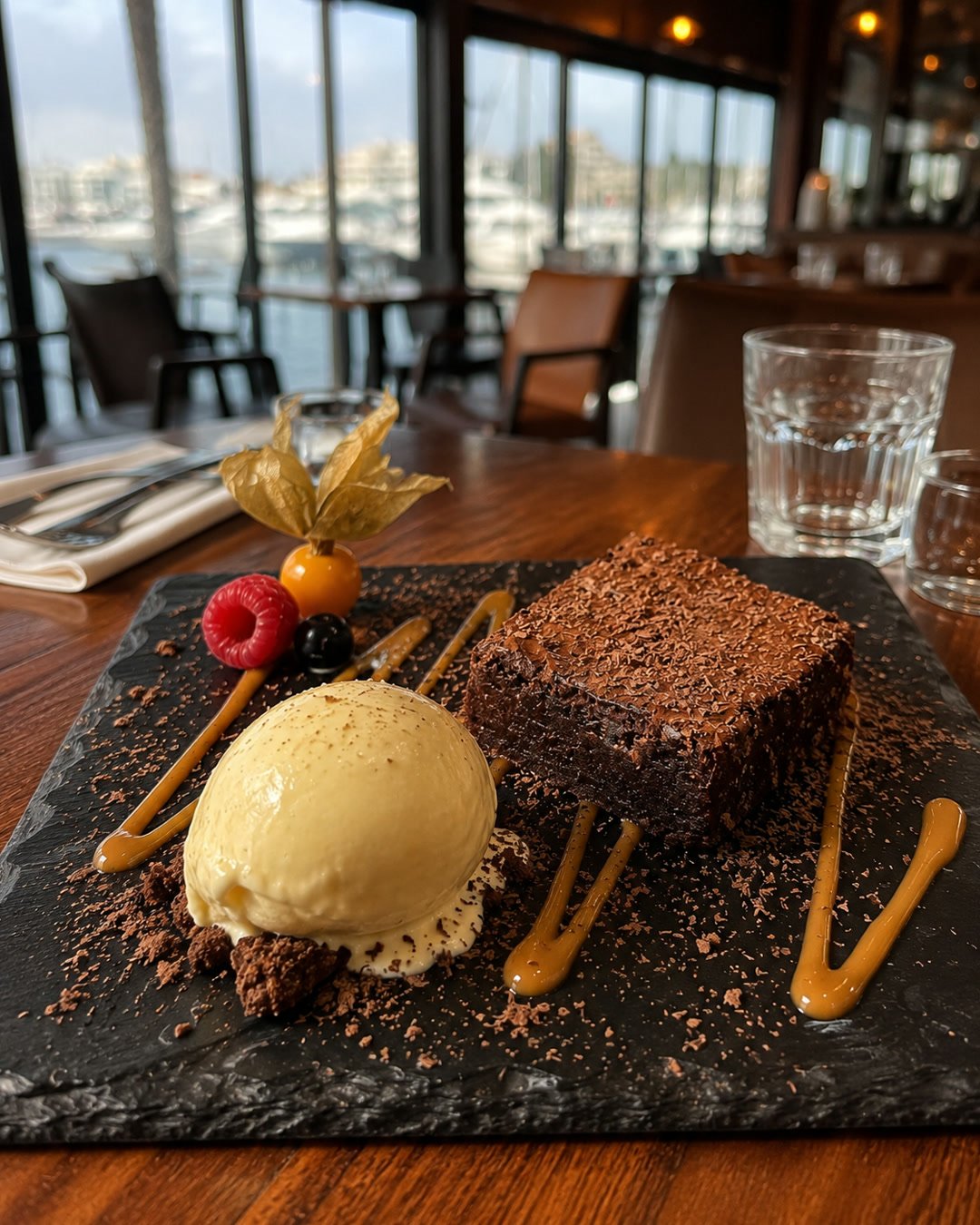 Chocolate brownie with vanilla ice cream — enhanced premium version for social media